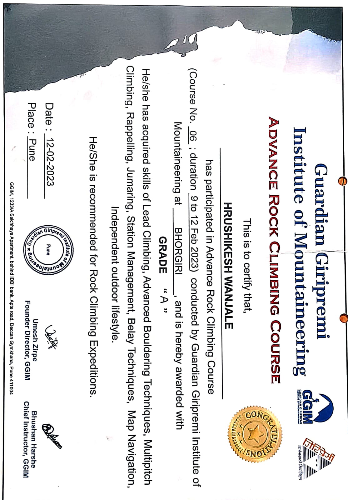 Advance Rock Climbing Course — Grade A — Guardian Giripremi Institute of Mountaineering (GGIM), Pune